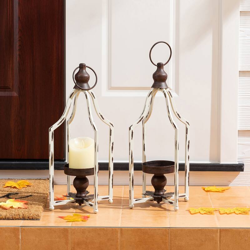 Glitzhome 16.50"H Modern Farmhouse Small Antique White Metal Lantern Candle Holder