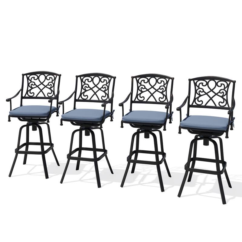 Set of 2/4 Outdoor Cast Aluminum Swivel Bar Stools with Sunbrella Fabric Cushion - Spectrum Denim - 4PC