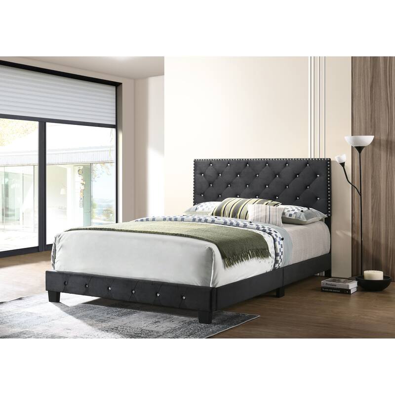 Suffolk Velvet Upholstered Jewel Accent Tufted Nailhead Panel Bed - Black - Full