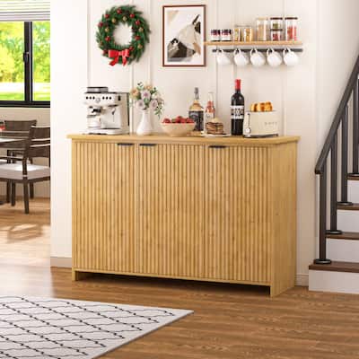 VEIKOUS Bamboo Buffet Sideboard Cabinet with Storage, Kitchen Storage Cabinet with Fluted Waveform Door