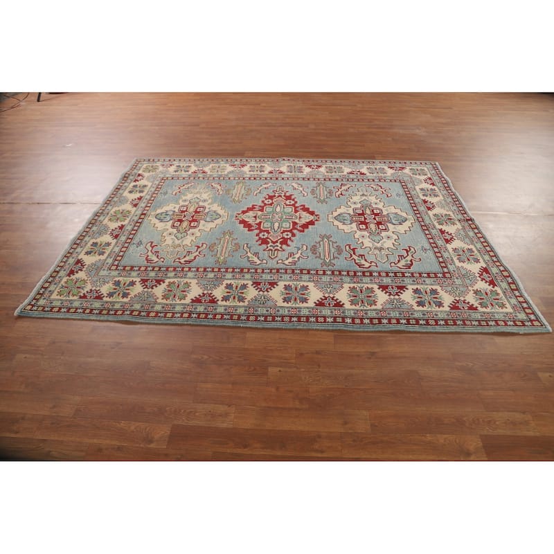 Light Blue Kazak Area Rug Hand-Knotted Wool Carpet - 5'6" x 7'4"