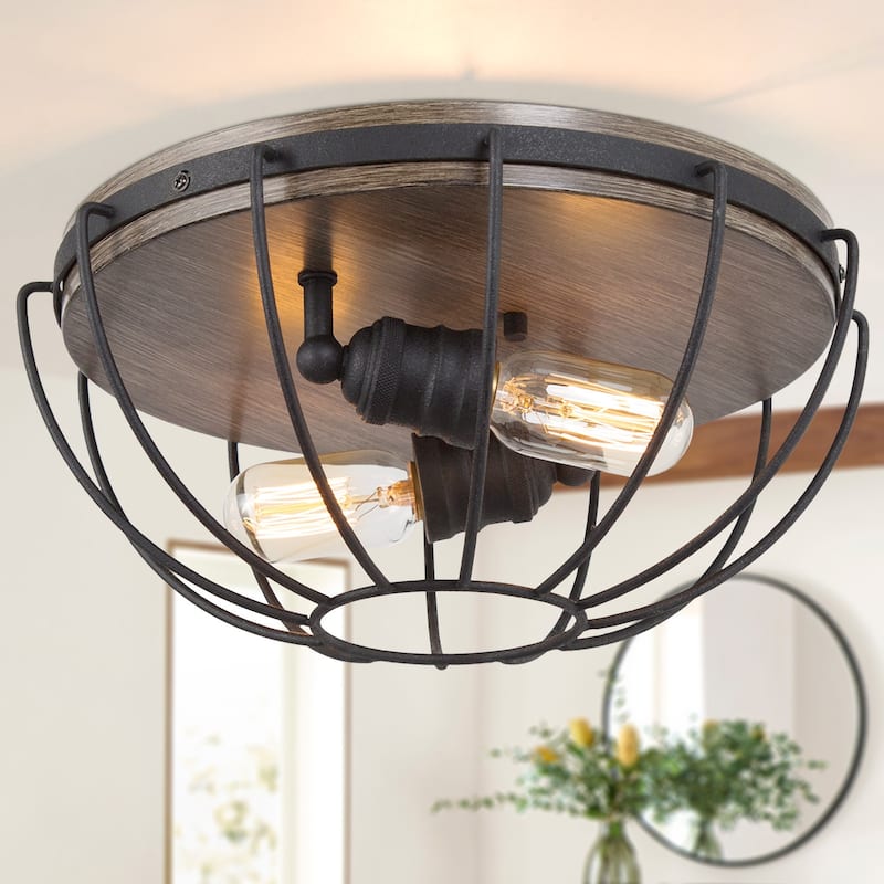 Modern Industrial 2-Light Flush Mount Metal Cage Ceiling Light - D14.5" * H6.3"
