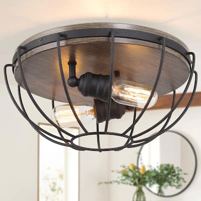 Modern Industrial 2-Light Flush Mount Metal Cage Ceiling Light - D14.5" * H6.3"