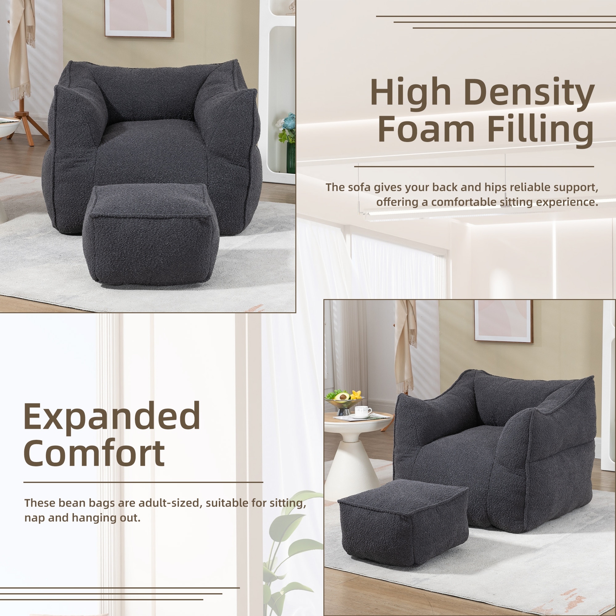 Boucle Upholstered Deep Seat Armless Square Bean Bag Chair with