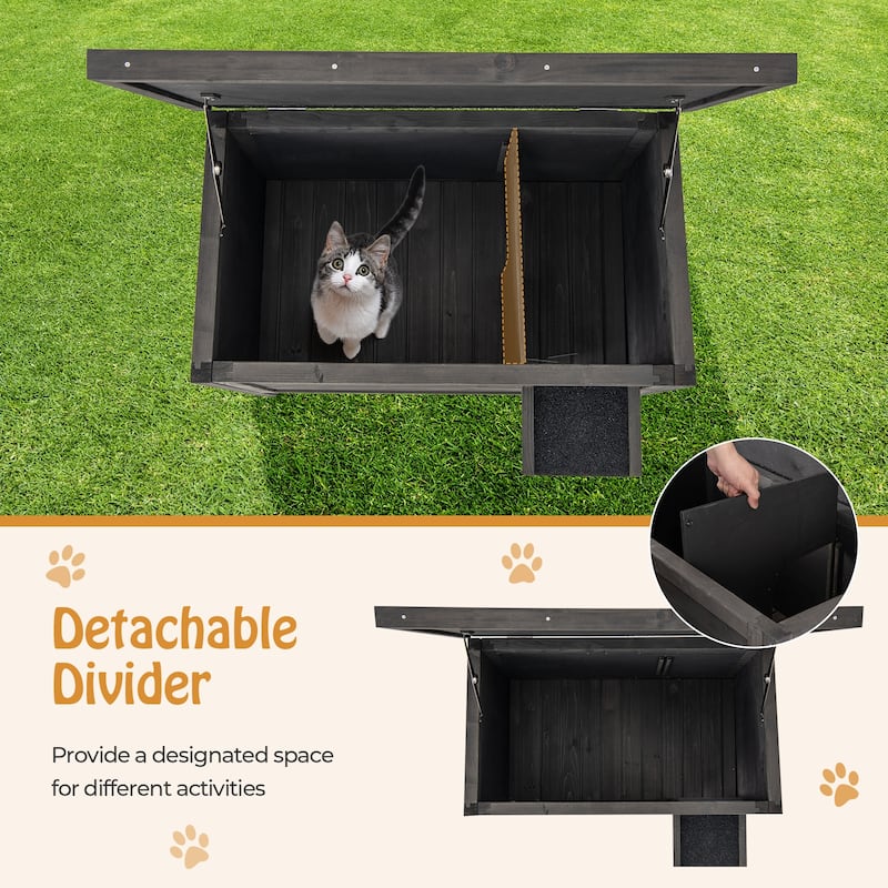 Gray Fir Wood Outdoor Cat House with Insulation, Asphalt Roof and Divider - 34.5" L x 22" W x 27" H