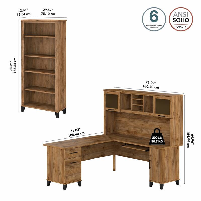 Somerset 72W L Shaped Desk with Hutch and 5 Shelf Bookcase