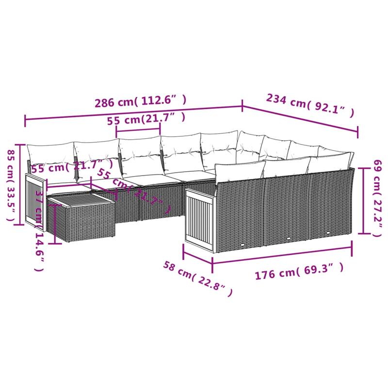vidaXL Patio Sofa Set with Cushions Outdoor Furniture 11 Piece Poly Rattan - 21.7 x 21.7 x 14.6