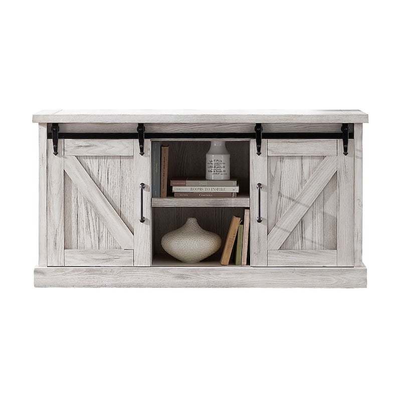 Avondale 60" TV Console, Barn Door Entertainment Stand, Wood Accent Cabinet, Brown