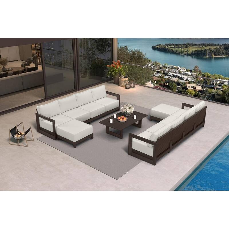 PURPLE LEAF Caesar Outdoor Couch with 9.6" white Thick Cushion and Table for Yard Porch Deck Outdoor Patio Conversation Sets - 8 Seats+2 Ottomans+1 Table - L-shaped