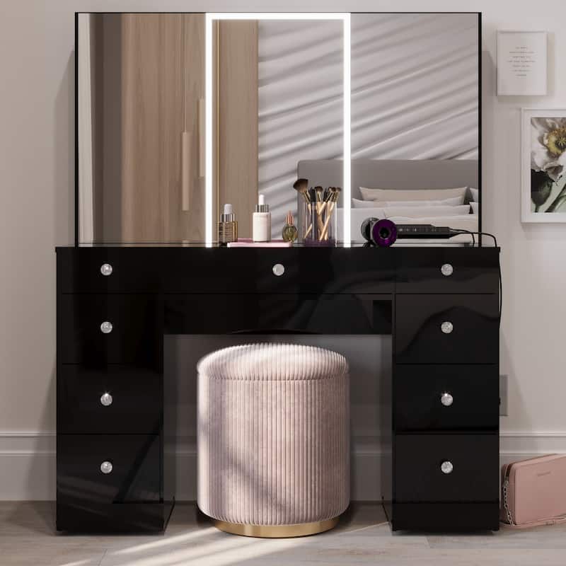 Boahaus w/Tri-Fold Lighted Makeup Vanity Desk With Glam Glass Top 9 Drawers Crystal knobs