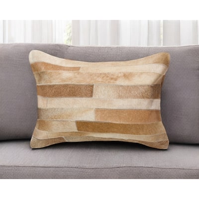 12" X 20" Tan Patchwork Cowhide Lumbar Throw Pillow