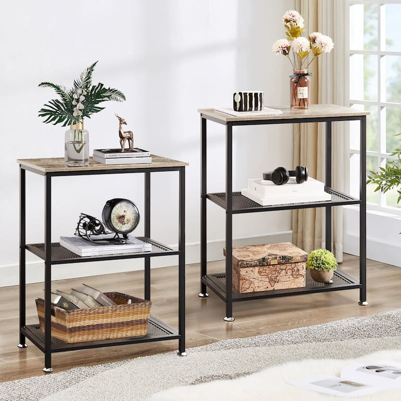 VECELO Industrial Style 3-Tier Nightstands Set of 2 with Open Storage Shelves - Grey