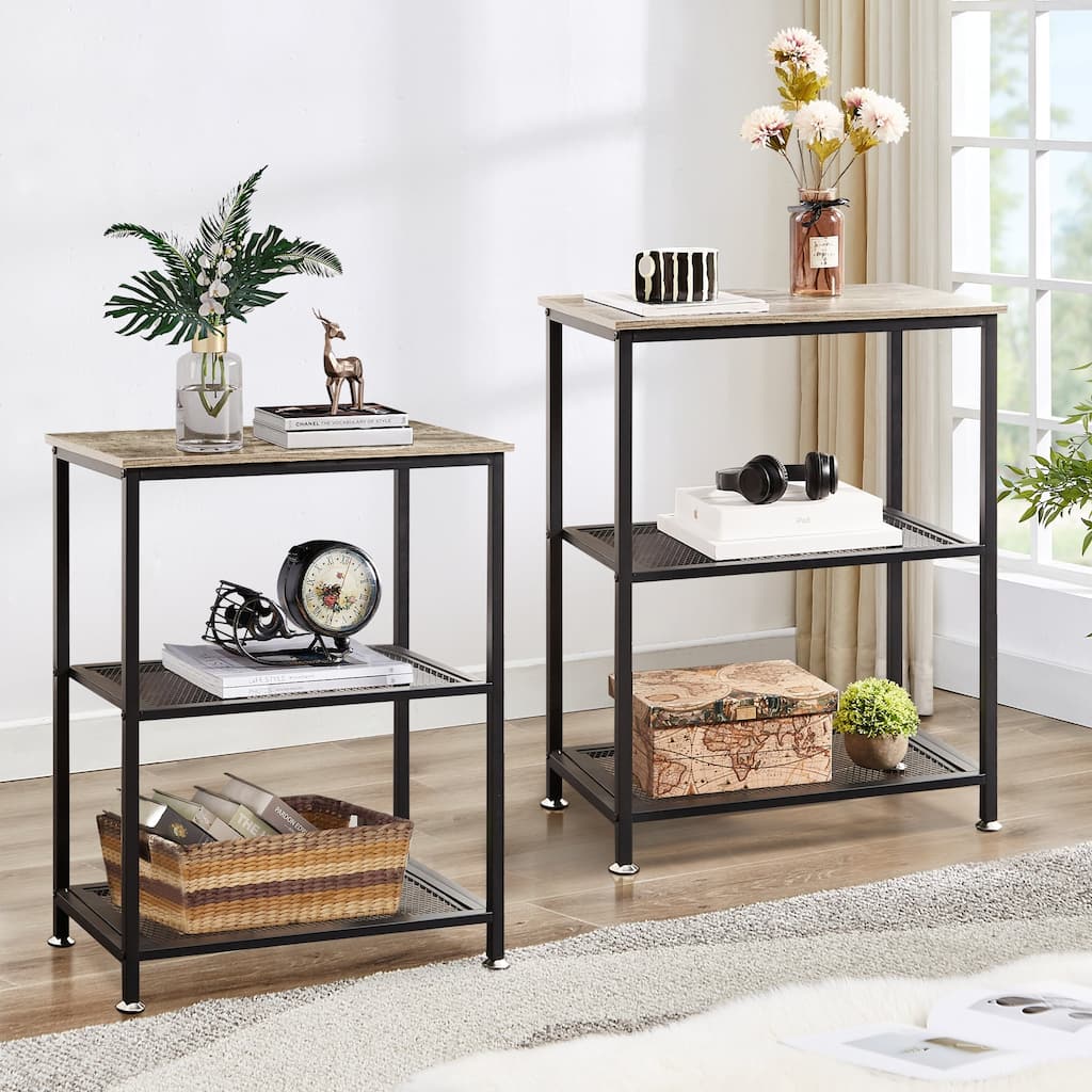 VECELO Industrial Style 3-Tier Nightstands Set of 2 with Open Storage Shelves MDF Top Space Saving for Living Room and Bedroom