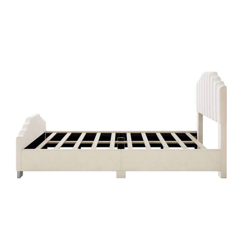 Velvet Upholstered Platform Bed Frame Vertical Channel Wingback Bed Tufted Headboard Footboard, Low Profile Panel Bed