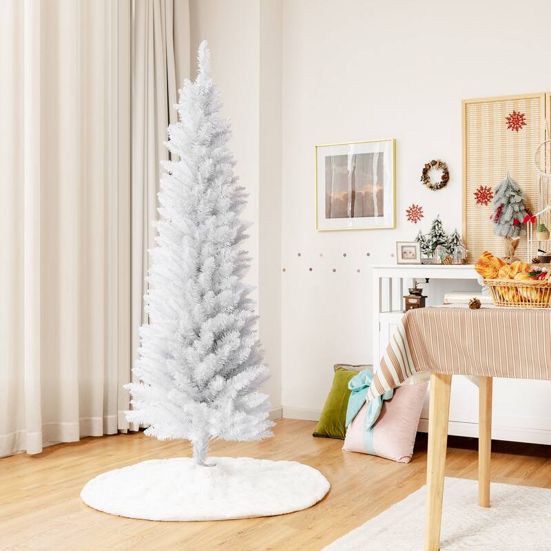 Gymax 5/6/7 FT Artificial Pencil White Christmas Tree Leafy Unlit Slim - 6 Foot
