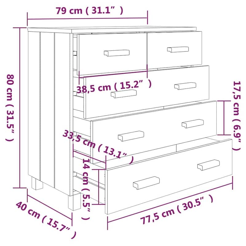 vidaXL Sideboard Bar Buffet Console Cabinet with Drawers HAMAR Solid Wood Pine - 31.1"x15.7"x31.5"