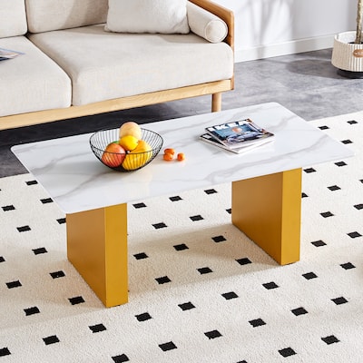 Tempered Glass With Sticker Desktop Coffee Table And Dining Table,Paired With Golden Mdf Decorative Columns