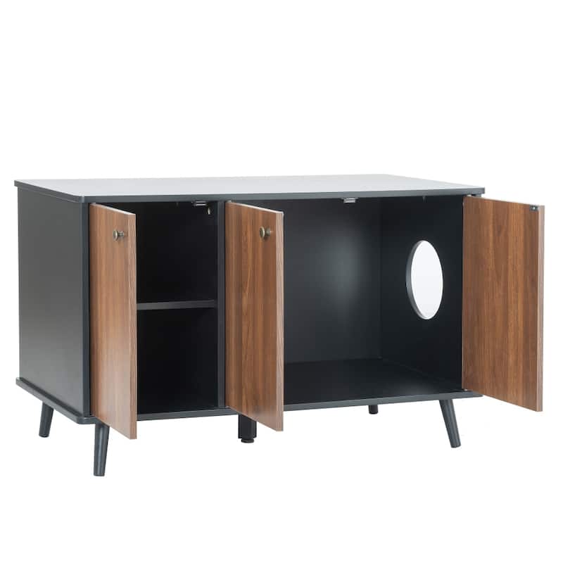 Cat Litter Box with Hidden Plug 3 Doors Bench Side Table Cat House