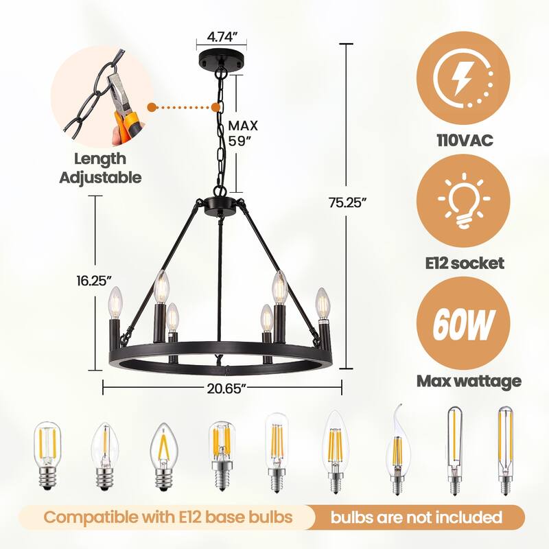 6 - Light Candle Style Wagon Wheel Chandelier