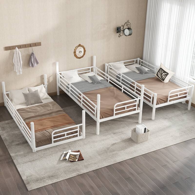 Twin over Twin over Twin Bunk Bed, Metal Triple Bunk Bed with Safety Guardrails, Heavy-duty Bunk Bed with Noise-reduced Design