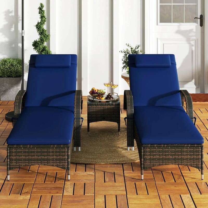 3PCS Wicker Chaise Lounge Set,Adjustable Rattan Chairs,Cushions,Table