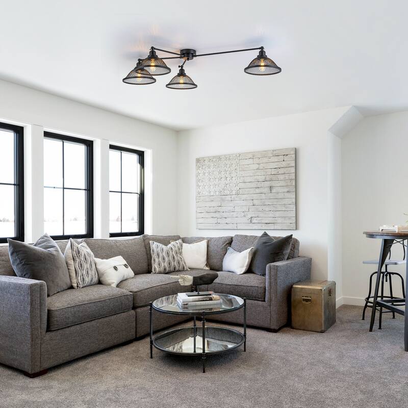 4 Lights Industrial Cone Shaped Iron Mesh Flush Mount Ceiling Light - Dia.47.24-in