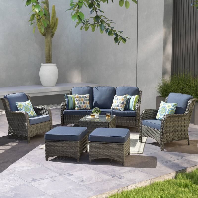 OVIOS 6-piece Patio Conversation Wicker Set with Glass Top Table - Denim Blue-Grey Wicker