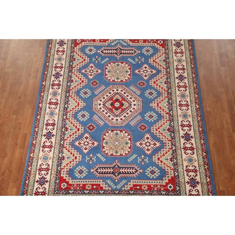 Blue Geometric Kazak Area Rug Handmade Oriental Wool Carpet - 6'8" x 9'9"