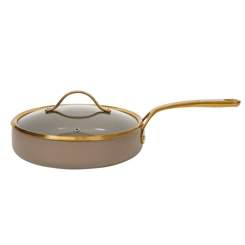 Bloomhouse Pots and Pans Heavy Duty Aluminum Premium PFA Free Ceramic Nonstick - Cappucino Cream with Gold Handle