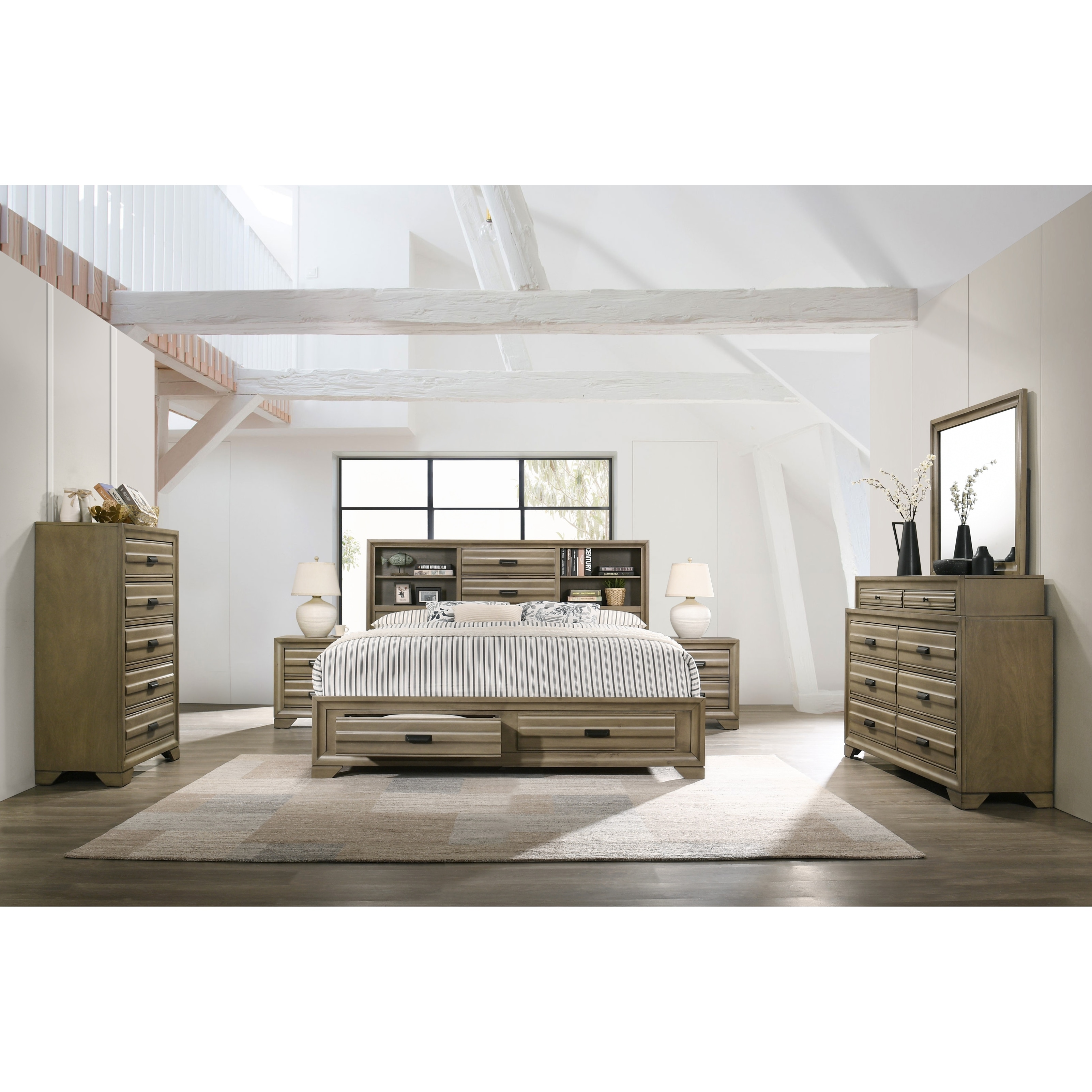 Roundhill Furniture Loiret Rubbed Gray Oak Finish Wood Storage Platform Bedroom Set with Dresser, Mirror, Two Nightstands, Chest