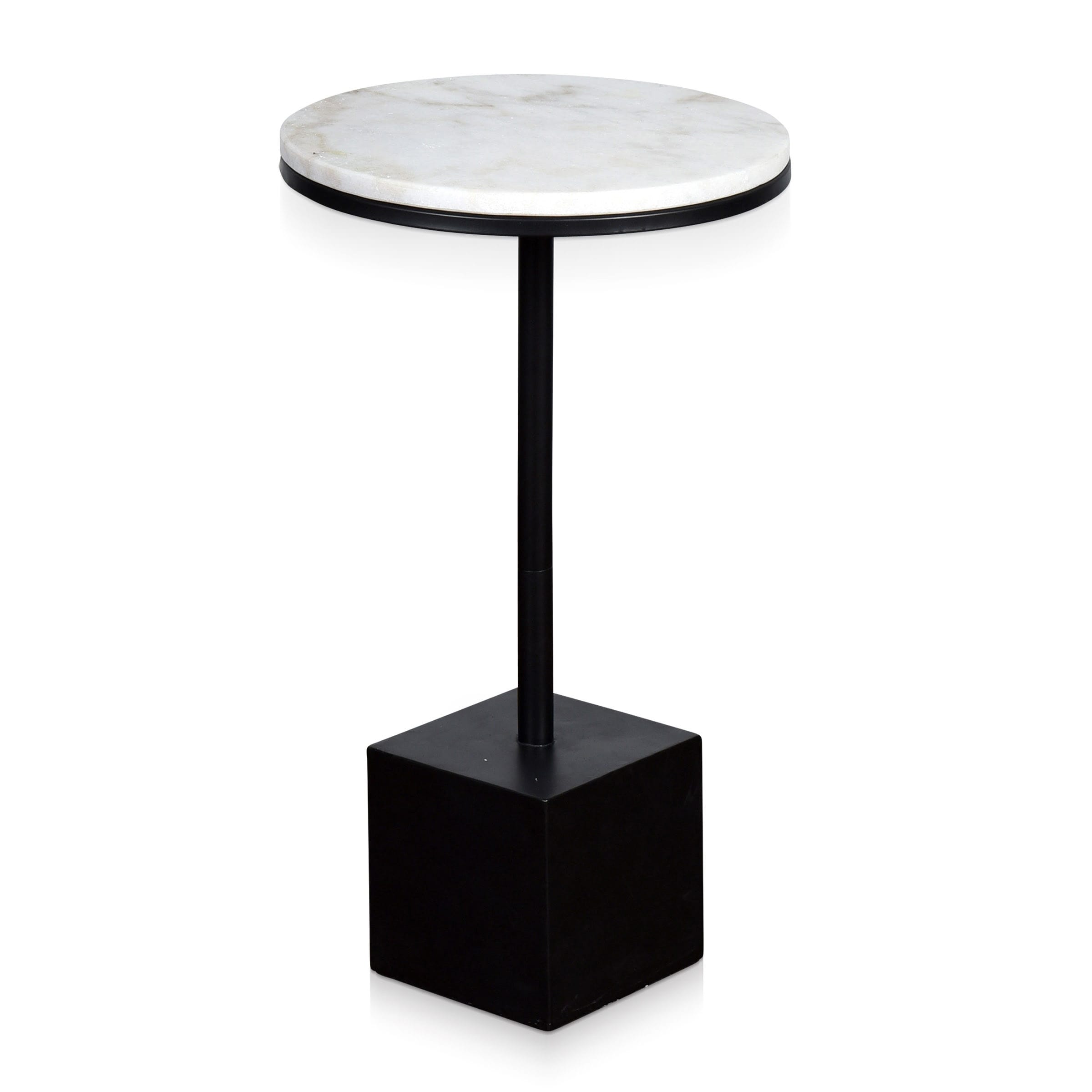 StyleCraft White and Black Round Marble Top Accent Table with Square Pedestal Base - -