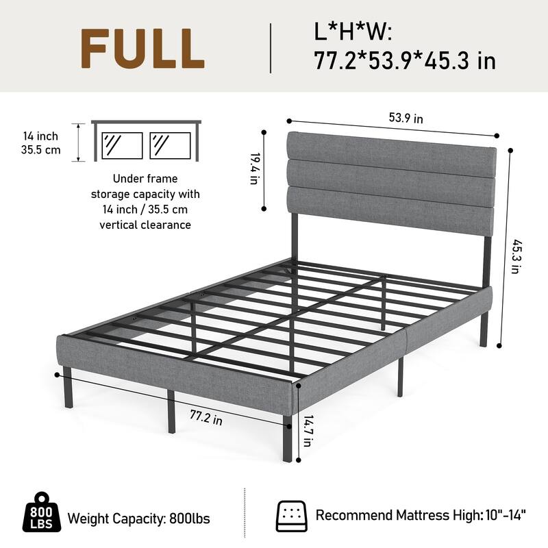 Full Size Upholstered Platform Bed Frame - With Headboard, No Box Spring Needed, 14" Underbed Storage​