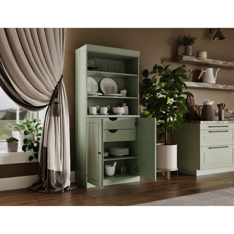 100% Solid Wood Kitchen Pantry Cabinet with 2 Clear Glass or Solid Wood Doors and 2-Drawer Organizer by Palace Imports - Sage - Solid