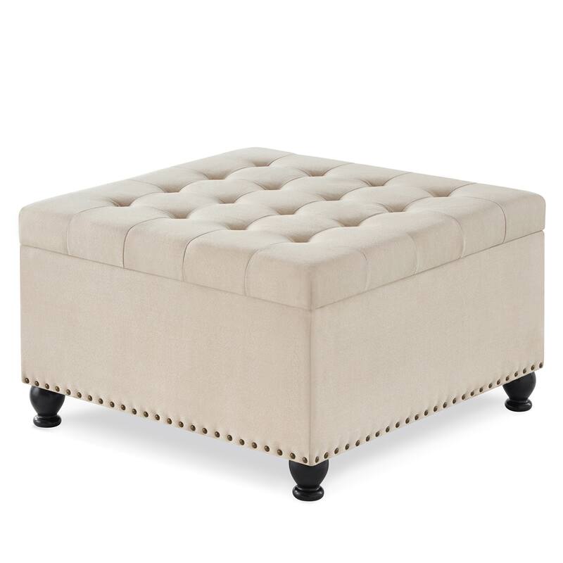 30"L Square Storage Ottoman Bench, Upholstered Tufted Button Storage Bench With Nails Trim