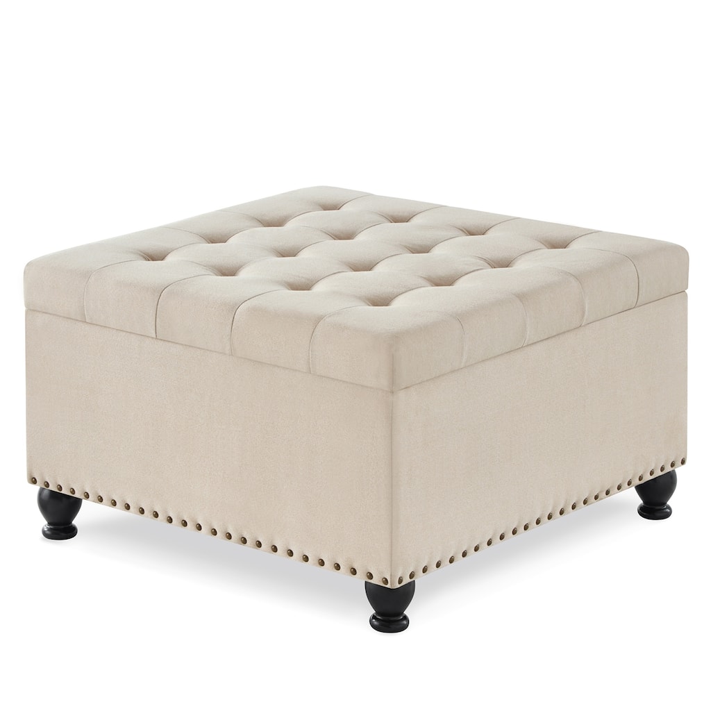 30"L Square Storage Ottoman Bench, Upholstered Tufted Button Storage Bench With Nails Trim