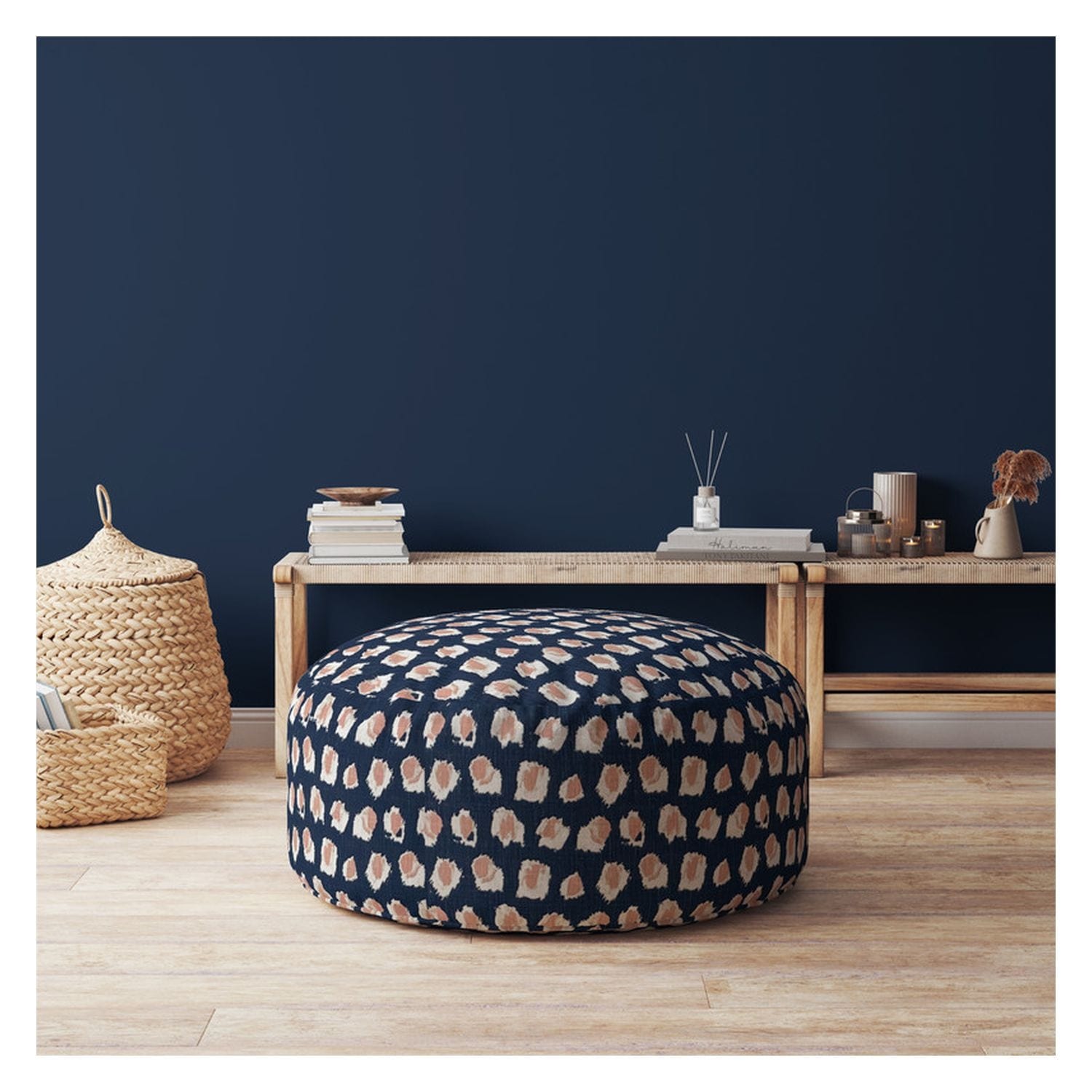 Indoor PLABO Denim Blush Round Zipper Pouf Stuffed Extra Beads