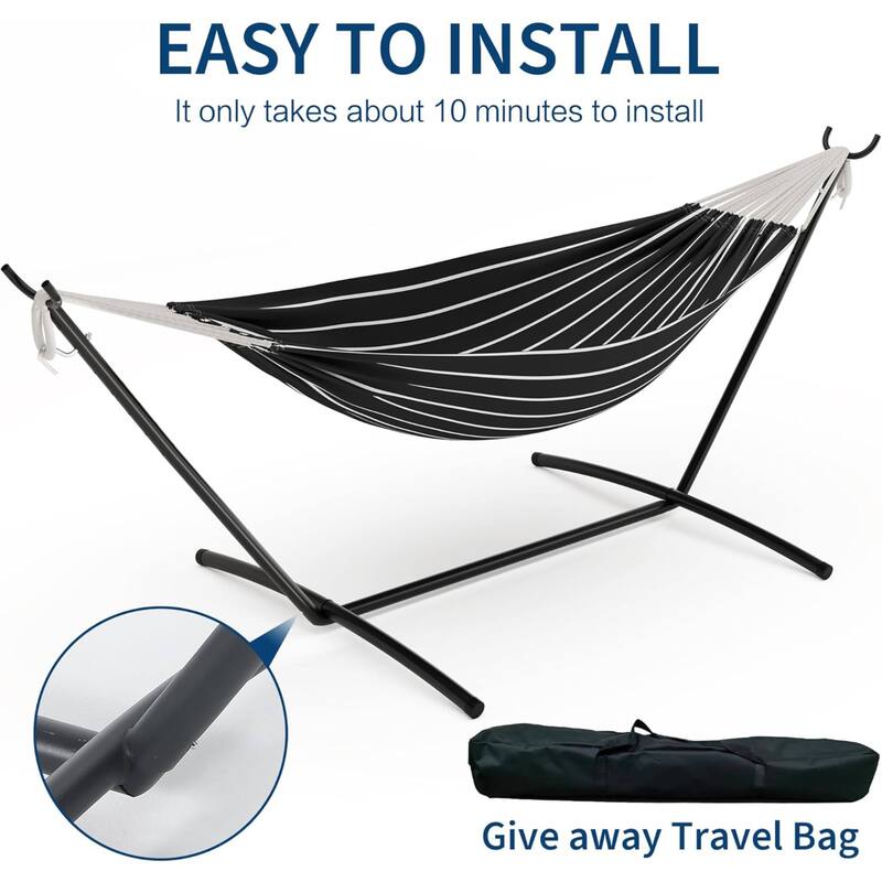 450lb Large Capacity Double Hammock with Steel Stand with Carry Bag for Patio Backyard Poolside