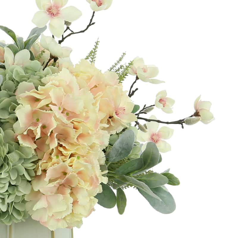 Butterfly Magnolias, Hydrangeas, and Lamb's Ear Arrangement in a Ceramic Vase - White, Pink, Seafoam, Peach, Green