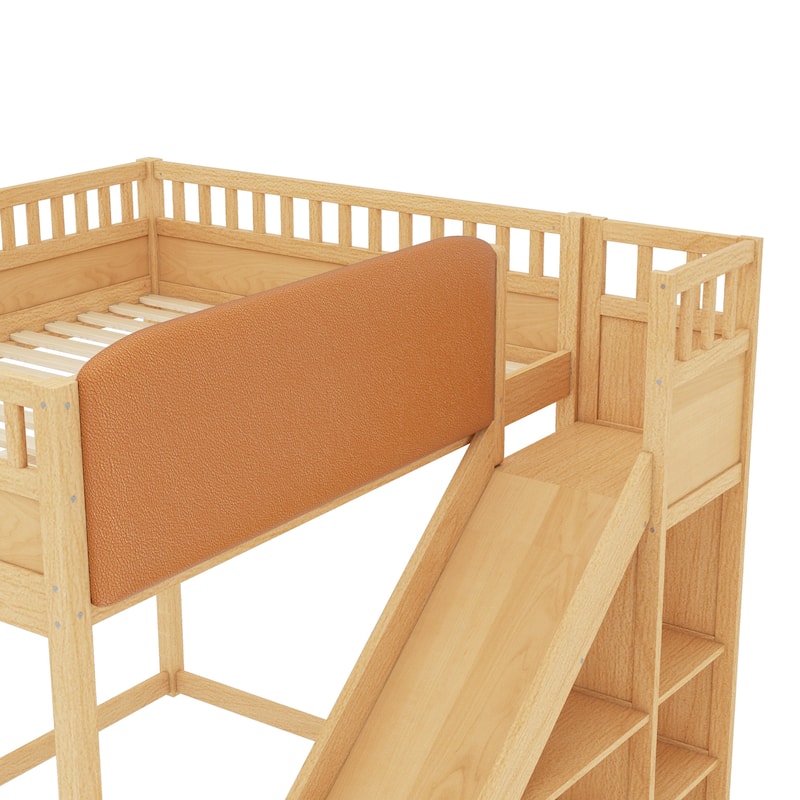 Queen/Full Loft Bed with Upholstered Headboard, Storage & Slide