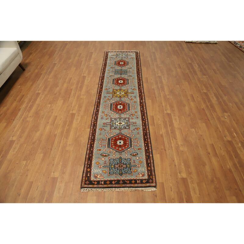 Hand Knotted Oriental 100% Wool Carpet Traditional Geometric Navy Blue & Blues Kazak Runner Rug - 10' 3'' X 2' 6''