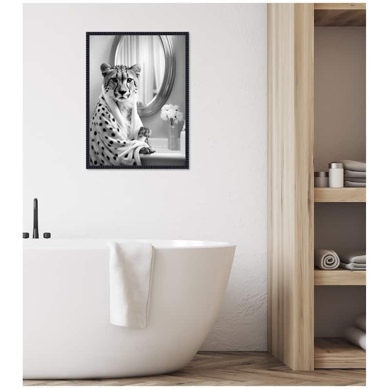 Kate and Laurel Sylvie Cheetah Glam Bathroom Towel Robe Black and White Framed Canvas by The Creative Bunch Studio