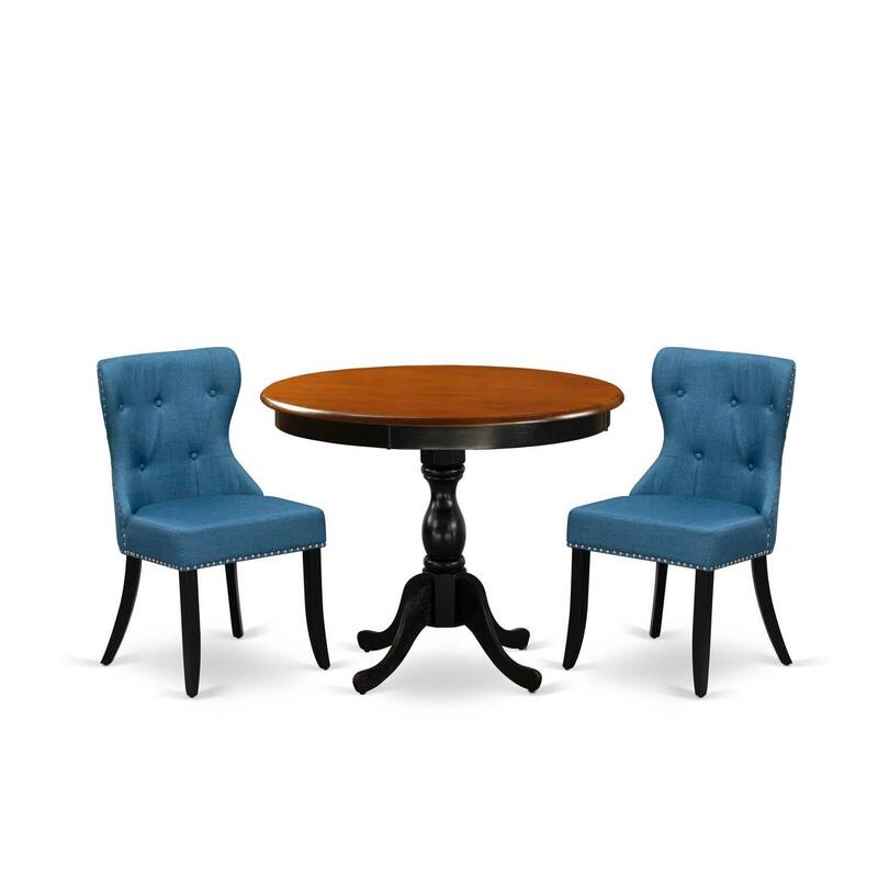 3-Piece Black and Cherry Finish Solid Wood Top - Button Tufted Dining Room Set - Seats-4