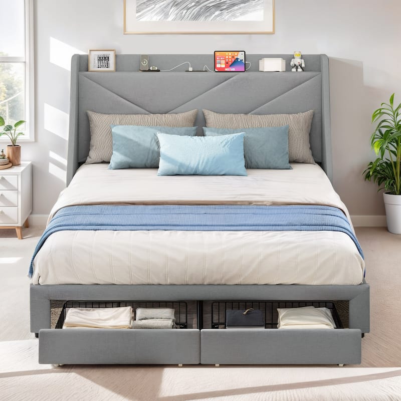 Queen Wingback Bed Frame with Drawer and USB Charging