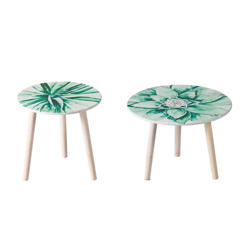 GDFStudio - S/2 Nature-Inspired Side Tables with Painted Cherry Blossom Tops - 21.7" - White+Green