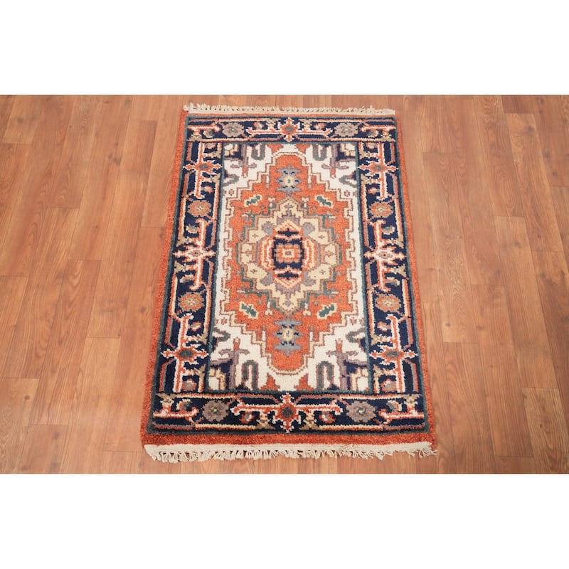 Hand Knotted Oriental 100% Wool Carpet Traditional Medallion Oranges & Rust Heriz (serapi) Area Rug - 3' 0'' X 2' 0''