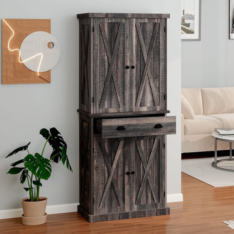 Moasis Farmhouse Freestanding 72'' Kitchen Pantry Storage Cabinet Cupboard with Drawer Adjustable Shelves - Rustic Oak