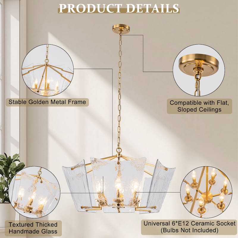 6-Light Gold Geometric Chandelier with Textured Clear Glass Panels - Dia.26.77-in