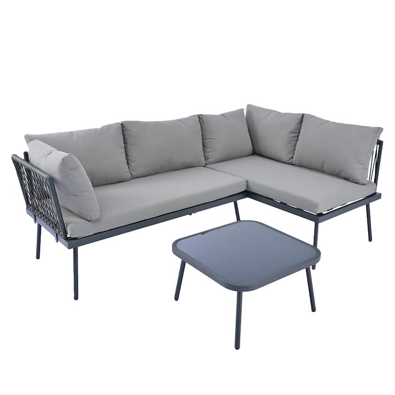 Modern Outdoor 3-Piece PE Rattan Sectional Sofa Set with Cushions and Glass Table