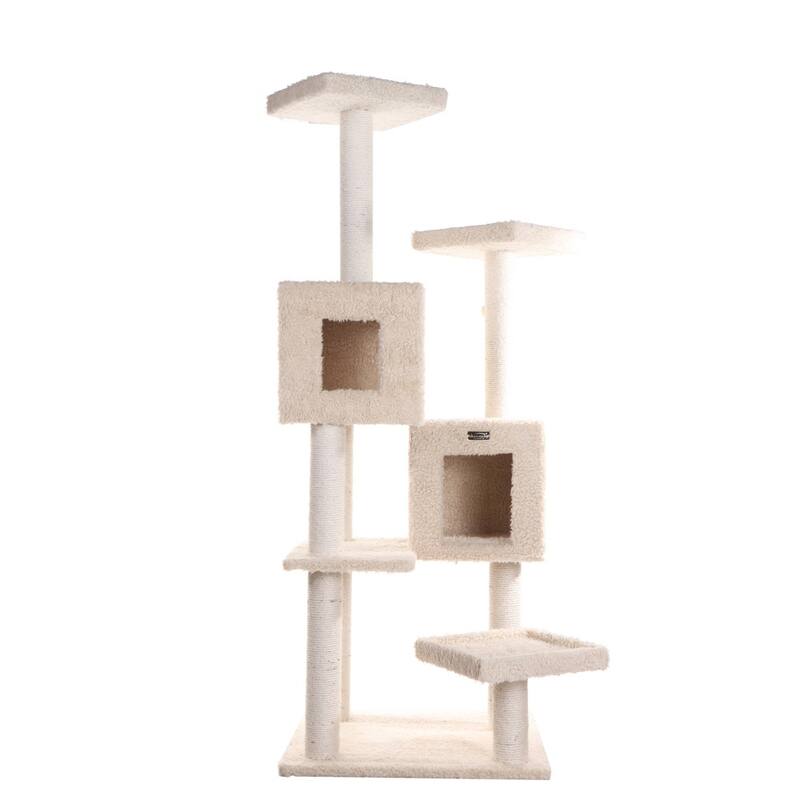 Multi-Level Real Wood Cat Tree With Two Spacious Condos, Perches - Beige - Beige
