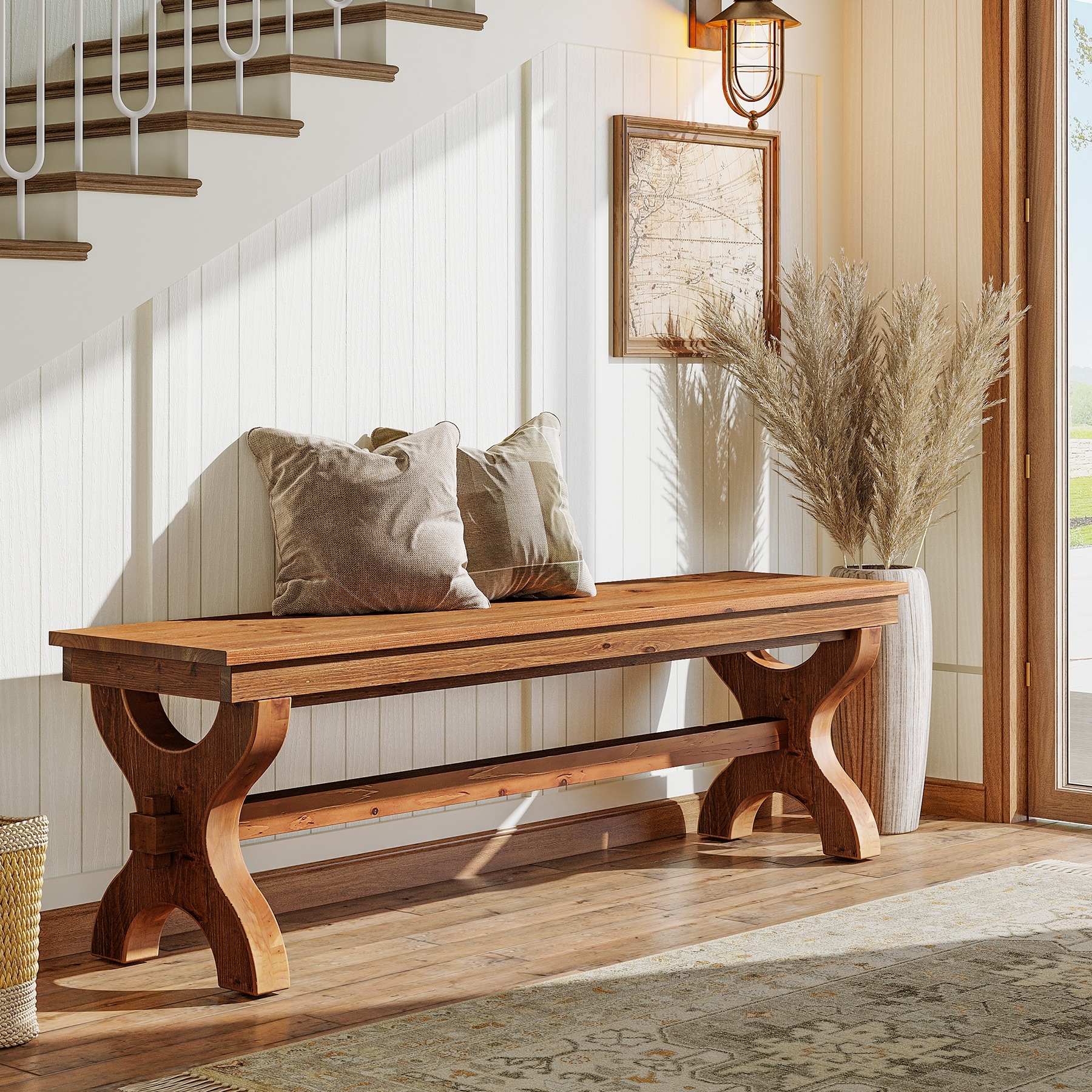 Solid Wood Entryway Bench, Farmhouse Dining Bench, Hallway Accent Seat Bench for Living Room Bedroom